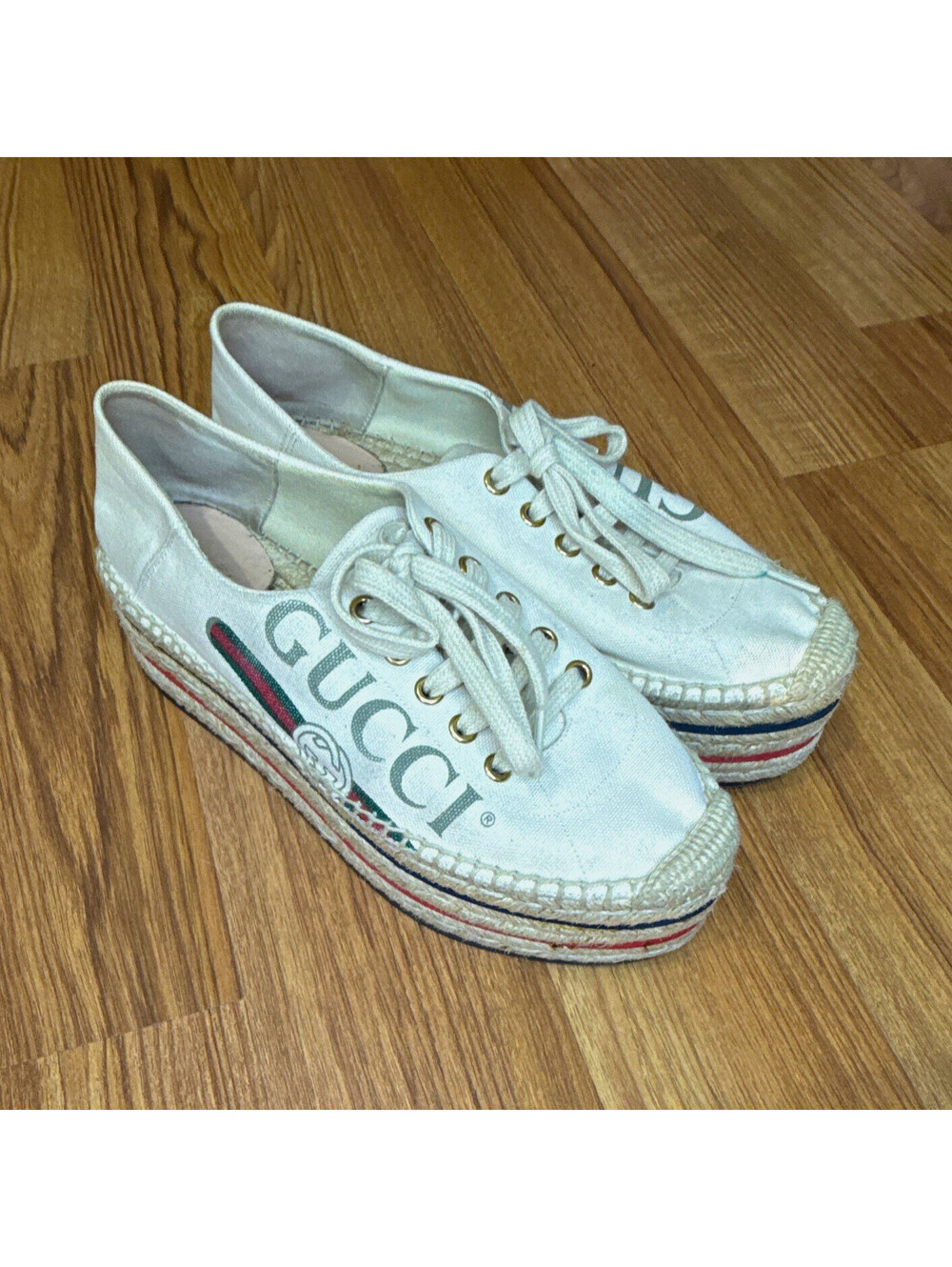 Gucci White Canvas Logo Platform Espadrille Lace-Up Shoes Women EU 37.5 US 7.5
